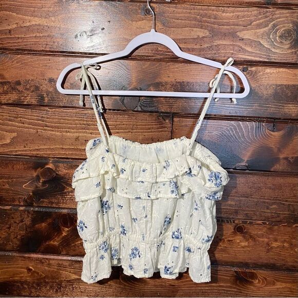 American Eagle Ruffled Tie Strap Floral Linen Blend Eyelet Crop Top Women's Med. - Picture 15 of 15
